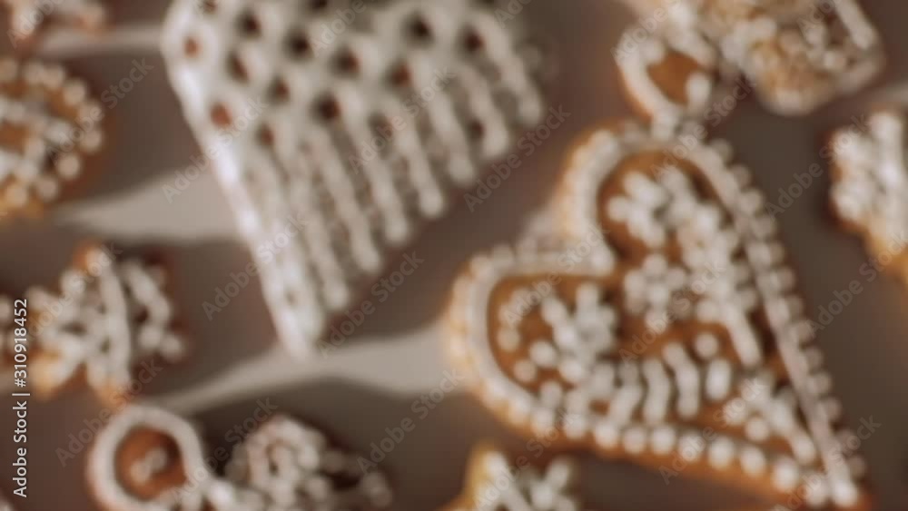 Traditional gingerbread Christmas cookies. Slow motion dolly shot. Top view, shallow depth of field. Czech Republic Traditional gingerbread Christmas cookies. Slow motion dolly shot. Top view, shallow depth of field. Czech Republic