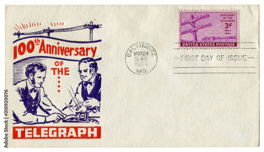 Baltimore, Maryland, The USA  - 24 May 1944: US historical envelope: cover with cachet 100th anniversary of the telegraph, 1844-1944, Electrical pole stamp, three cents