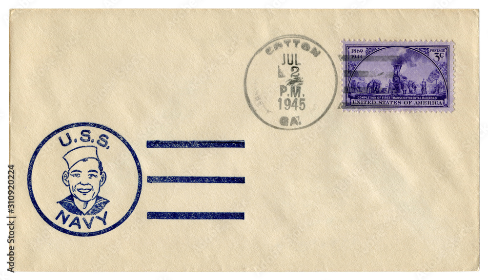 Cotton, Georgia, The USA - 2 July 1945: US historical envelope: cover with a cachet U.S.S. Navy, sailor in uniform, first transcontinental railroad purple stamp, three cents 