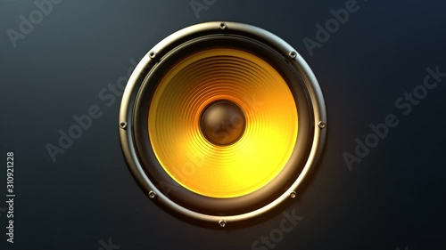 Single audio speaker with yellow orange membrane playing modern music at 90 bpm frequency producing loud rhytmic sound. Front view close-up. Suitable as concept for rock dance music party.
