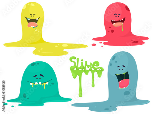 Cute cartoon slime monsters, liquid characters. Vector set on a white background with lettering Slime.