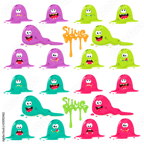 Set of slimes in different colors and with different emotions. Vector characters in cartoon flat style. Funny monsters