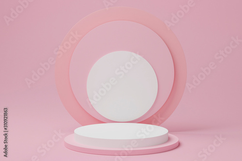 Mock up 3d rendered illustration with geometric shapes. pink pastel cylinder podium platforms for cosmatic product presentation. Minimal design with circle empty space. Abstract composition in modern