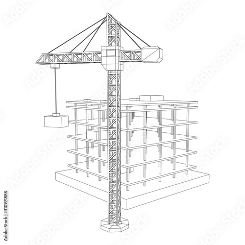 Building under construction with crane. Build house construct in process. Wireframe low poly mesh vector illustration