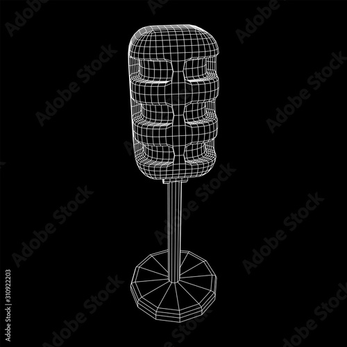 Sound recording equipment vintage microphone. Wireframe low poly mesh vector illustration