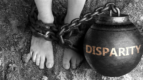 Disparity as a negative aspect of life - symbolized by word Disparity and and chains to show burden and bad influence of Disparity, 3d illustration