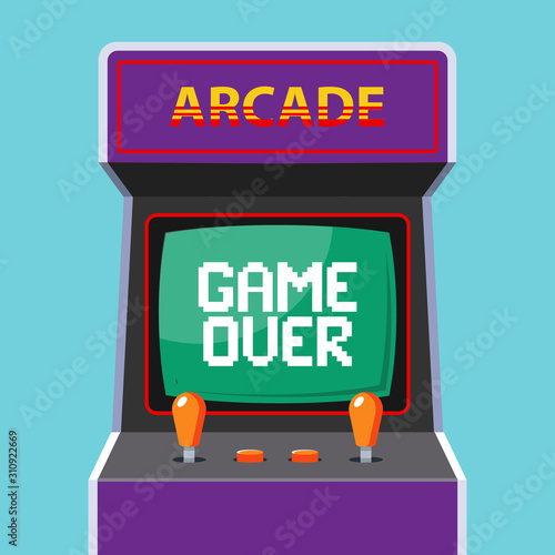 arcade machine in the background. green monitor with the word game over. flat vector illustration