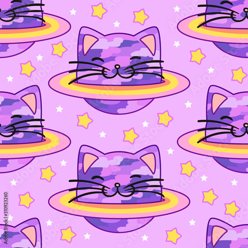 Seamless pattern with cats and planets on a pink background. Vector