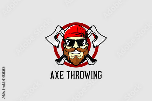 bearded man head cartoon with axe vector logo template
