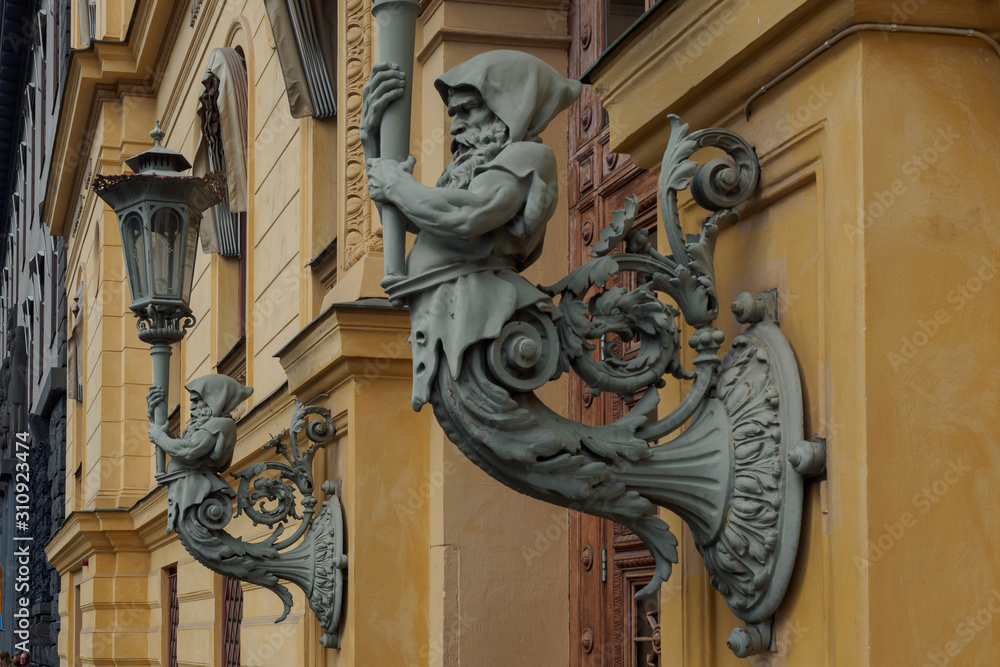Jernkontoret gamla building decorative lamps with troll on Kungstradgardsgatan, Stockholm, Sweden