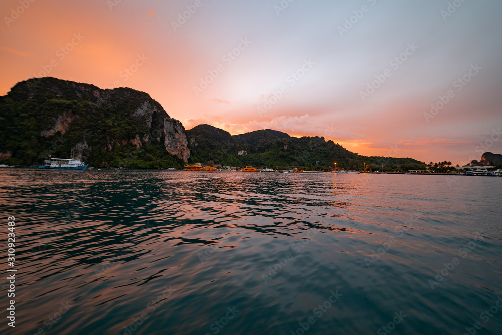 Stunning Golden Hour Sea Scape at Phi Phi Islands in Andaman Sea, Thailand. selective focus