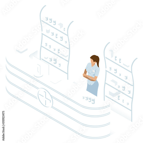 Isometric Pharmacy Store and Doctor pharmacist. Vector