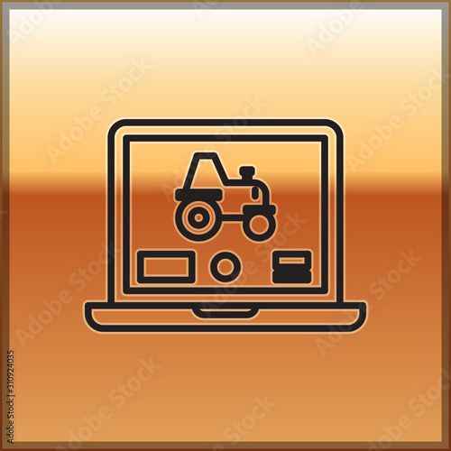 Black line Laptop application for control a autonomous tractor on a smart farm icon isolated on gold background. Smart agriculture implement. Vector Illustration