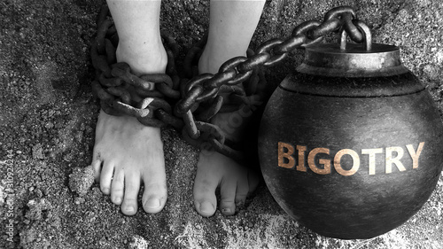 Bigotry as a negative aspect of life - symbolized by word Bigotry and and chains to show burden and bad influence of Bigotry, 3d illustration photo