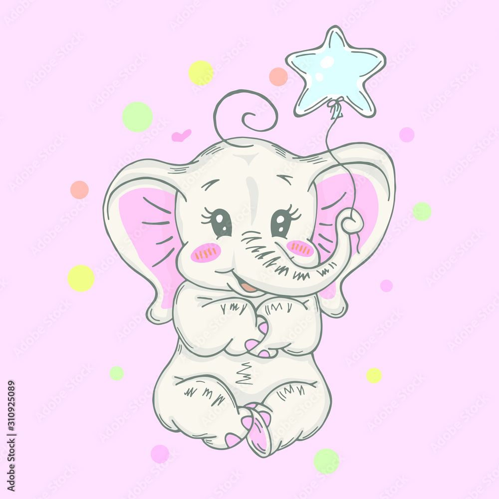 Illustration with cute elephant with balloon . Can be used for baby t-shirt print, fashion print design, kids wear, baby shower celebration greeting and invitation card. Illustration with cute elephant with balloon . Can be used for baby t-shirt print, fashion print design, kids wear, baby shower celebration greeting and invitation card.
