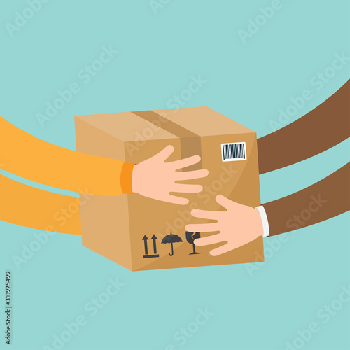 Courier hands parcel to customer.