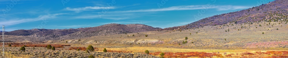 Panorama views of mountains, desert and landscape around Price Canyon Utah from Highway 6 and 191, by the Manti La Sal National Forest in the United States of America. USA.