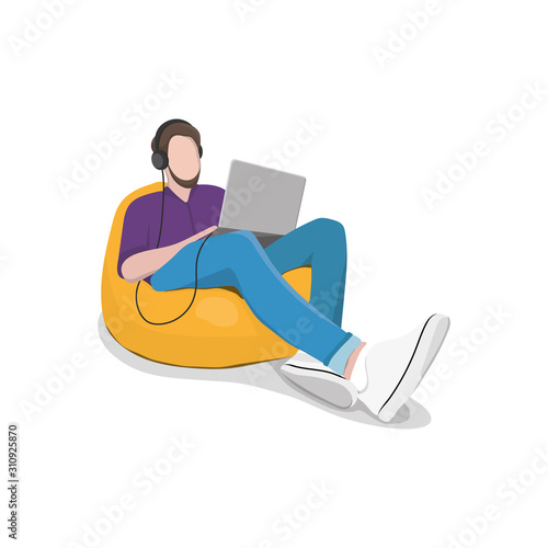 A man sits in a chair a bag with a laptop and headphones. Remote work, freelance, online training. Checks mail, writes letters, searches for information on the Internet. Vector illustration. Isolated