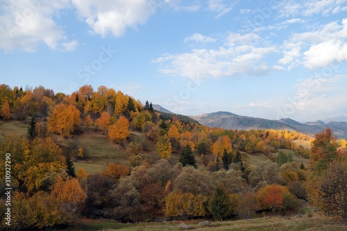 Colorful autumn landscape in the mountain village. 
