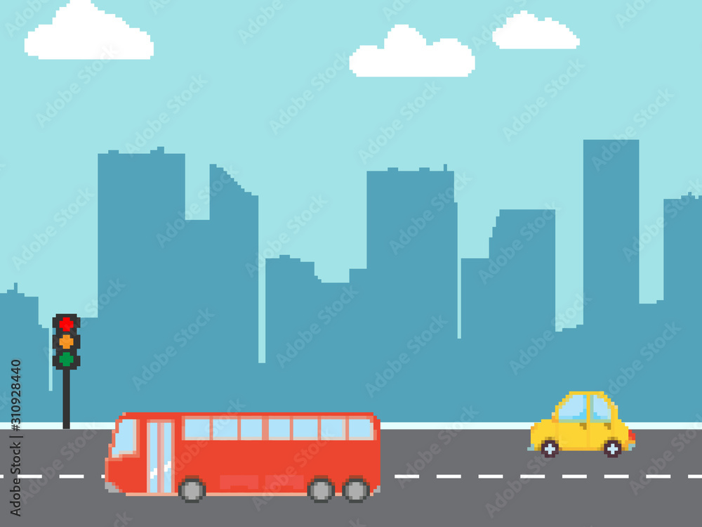 Pixel cartoon cars, bus. Vector set. Pixel art 8 bit. Perfect for fabric, wallpaper, game, wrapping paper and stationery projects. Pixel cartoon cars, bus. Vector set. Pixel art 8 bit. Perfect for fabric, wallpaper, game, wrapping paper and stationery projects.