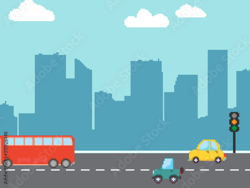 Pixel cartoon cars, bus. Vector set. Pixel art 8 bit. Perfect for fabric, wallpaper, game, wrapping paper and stationery projects.