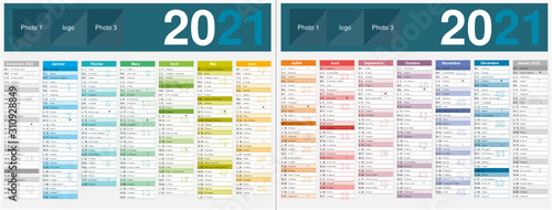 Calendrier 2021 14 mois avec vacances scolaires officielles au format 320 x 420 mm recto verso entièrement modifiable via calques et texte arial