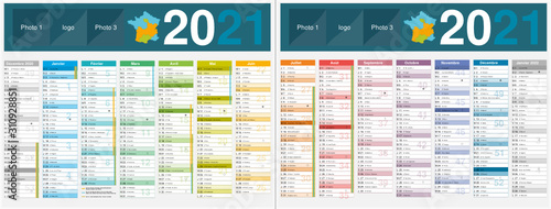 Calendrier 2021 14 mois avec vacances scolaires officielles au entièrement modifiable via calques et texte arial	
