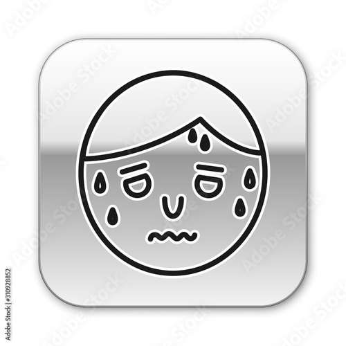 Black line Man with excessive sweating icon isolated on white background. Silver square button. Vector Illustration