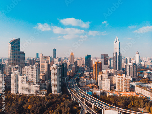 shanghai skyline cityscape, aerial view with traffic. China