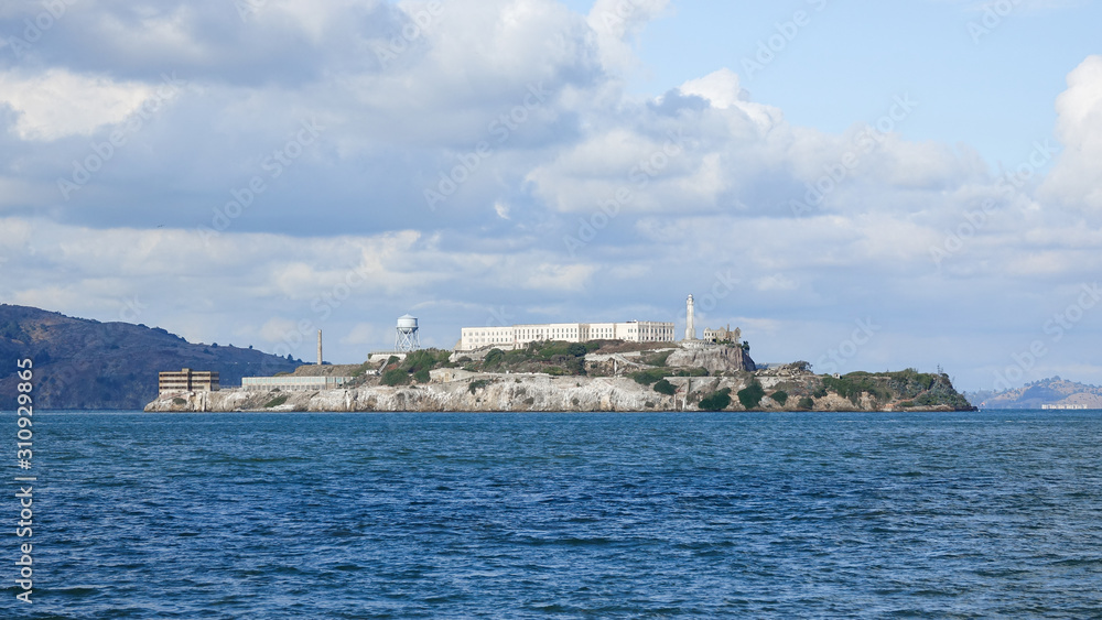 Panoramic view of Alcatraz Prison Island in San Francisco Bay, California