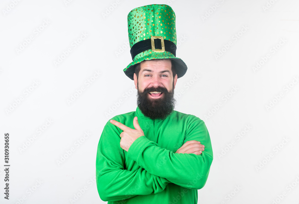 Green color part of celebration. Happy patricks day. Global celebration of irish culture. Myth of leprechaun. Man bearded hipster wear green clothing and hat patricks day. Saint patricks day holiday Green color part of celebration. Happy patricks day. Global celebration of irish culture. Myth of leprechaun. Man bearded hipster wear green clothing and hat patricks day. Saint patricks day holiday