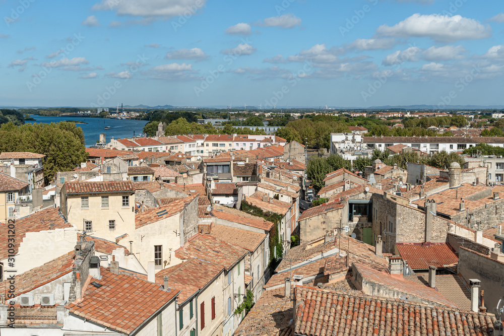 Overlook city of Arles from top of the Arles Amphitheatre arena, Provence, France
