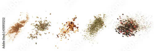 Panel kuchenny z motywem Set cinnamon powder, basil, ground dry chili pepper, parsley, colorful pepper grain and minced, background, top view texture
