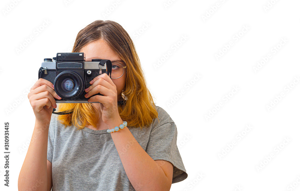 young girl takes pictures with a rare camera young girl takes pictures with a rare camera