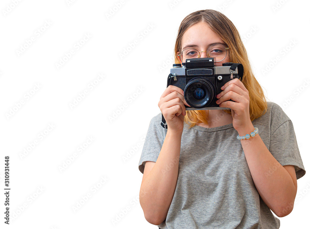 young girl takes pictures with a rare camera young girl takes pictures with a rare camera