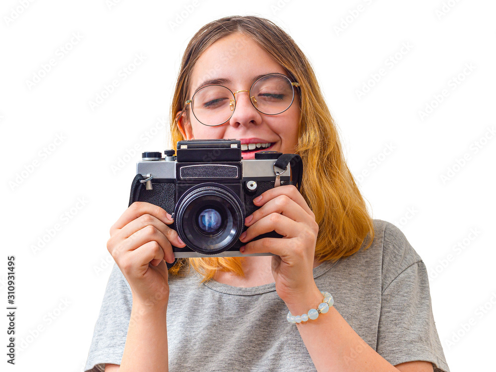 young girl takes pictures with a rare camera young girl takes pictures with a rare camera