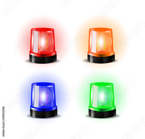 Red and blue flashers green and orange Siren Vector. Realistic Object. Light Effect. Beacon For Police Cars Ambulance, Fire Trucks. Emergency Flashing Siren.
