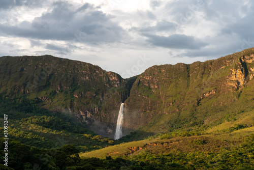 Huge waterfall (Casca d'anta) through the Serra da Canastra canyons in Minas Gerais state in Brasil