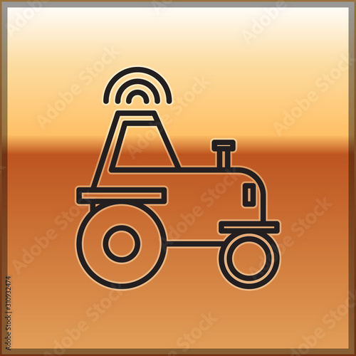 Black line Self driving wireless tractor on a smart farm icon isolated on gold background. Smart agriculture implement element. Vector Illustration