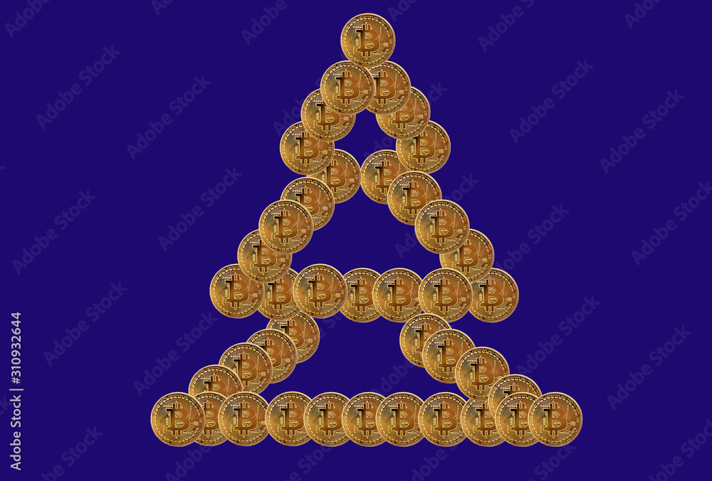 Fototapeta premium Christmas tree made from golden Bitcoins. Bitcoin milionaires Christmas tree