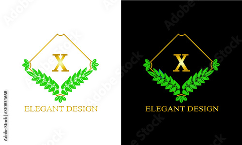 Design of magnificent ancient monogram. Decorative ornament on dark and light background with letter. Gold and black pattern of brand, business sign, restaurant, boutique, hotel, emblem, jewelry.