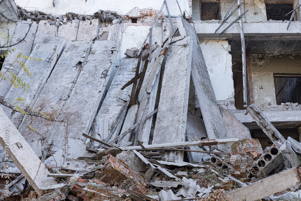 House destroyed after a gas explosion, a bomb, an earthquake without windows and a roof House destroyed after a gas explosion, a bomb, an earthquake without windows and a roof