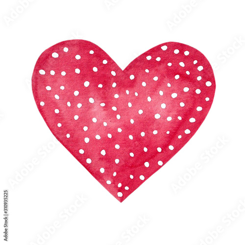 Red heart with white decoration, hand painted watercolor heart, Valentine greeting, Love, Romantic illustration