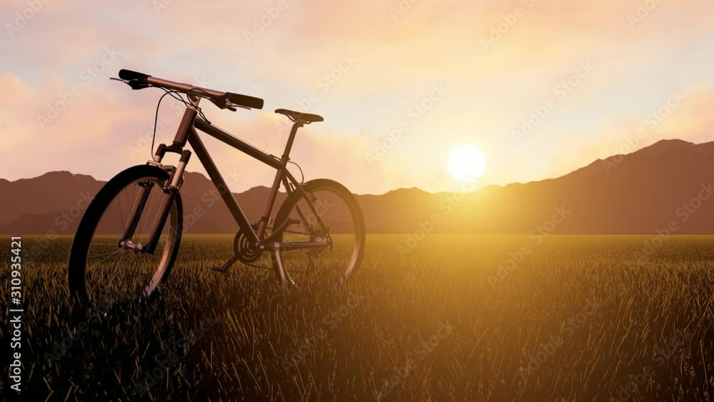Bicycle at Sunset in Nature, 3D Rendering Bicycle at Sunset in Nature, 3D Rendering
