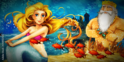 Cartoon ocean and the mermaid in underwater kingdom swimming with fishes - illustration for children