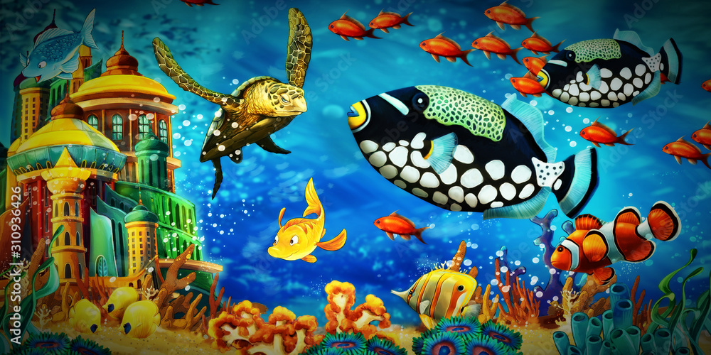 cartoon scene animals swimming on colorful and bright coral reef - illustration for children cartoon scene animals swimming on colorful and bright coral reef - illustration for children