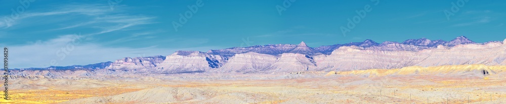 Moab Panorama views of desert mountain ranges along Highway 191 in Utah between Moab and Price in fall. Scenic nature near Canyonlands and Arches National Park. United States of America. USA. Moab Panorama views of desert mountain ranges along Highway 191 in Utah between Moab and Price in fall. Scenic nature near Canyonlands and Arches National Park. United States of America. USA.