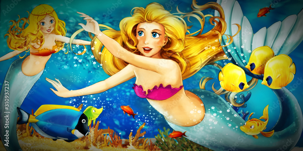 Naklejka premium Cartoon ocean and the mermaid in underwater kingdom swimming with fishes - illustration for children
