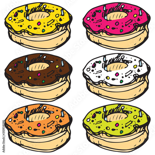 Vector illustration of donut set with chocolate, strawberry, vanilla, pistachio, orange and cheery flavour