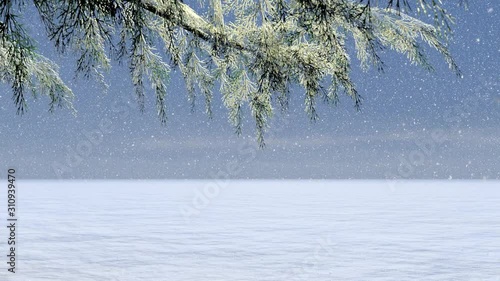 Forest in Winter Snowing Animation, 3D Rendering